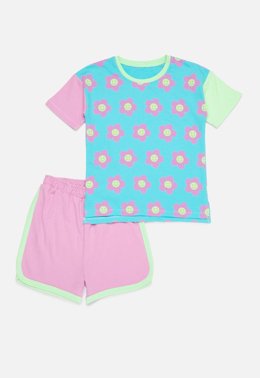 Pop Candy - Colour block floral top & bottom set - purple & blue