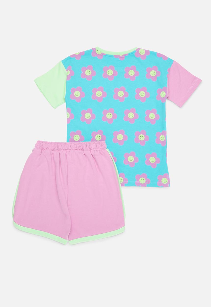 Pop Candy - Colour block floral top & bottom set - purple & blue