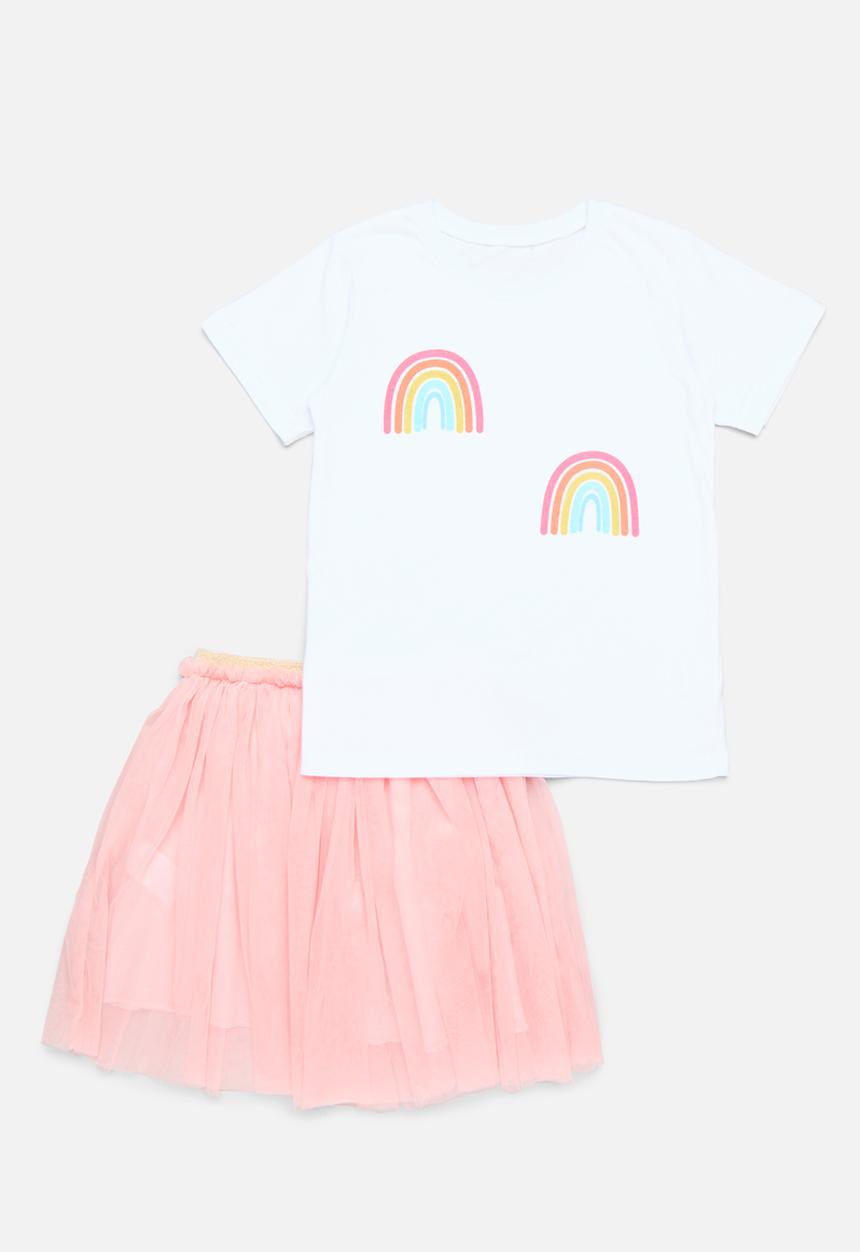 Pop Candy - Printed tee & tutu skirt skirt set-pink & white