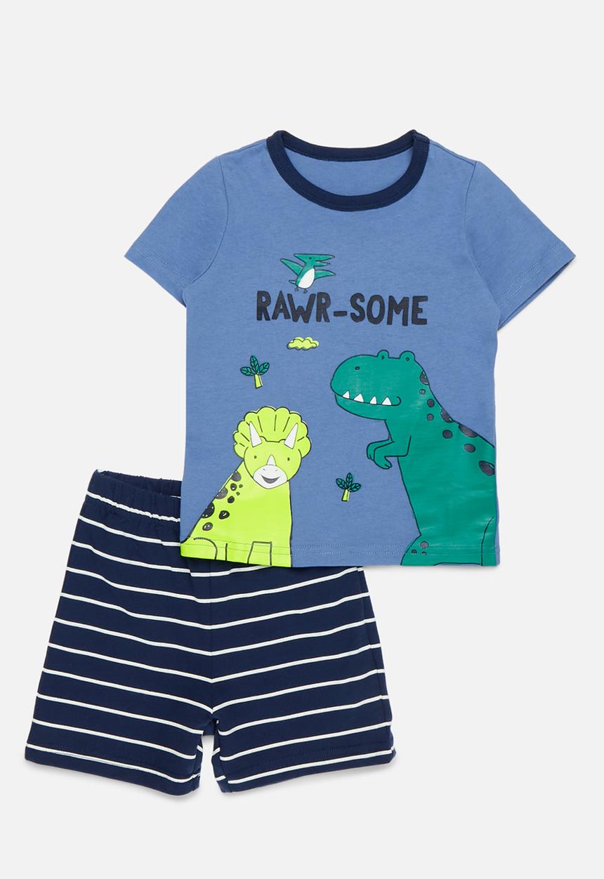 Pop Candy - Printed tee and striped short set-blue