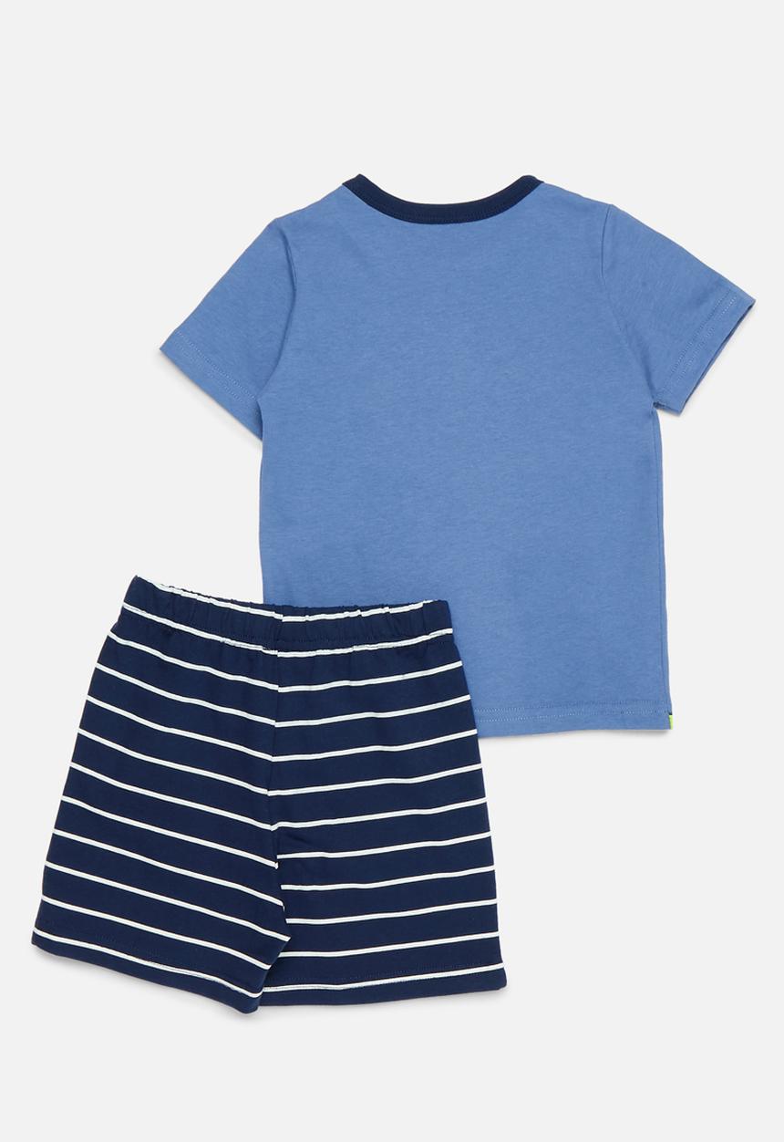 Pop Candy - Printed tee and striped short set-blue