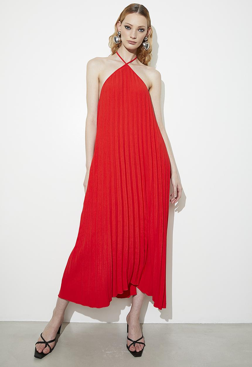 VELVET - pleated trapeze midi dress - red.