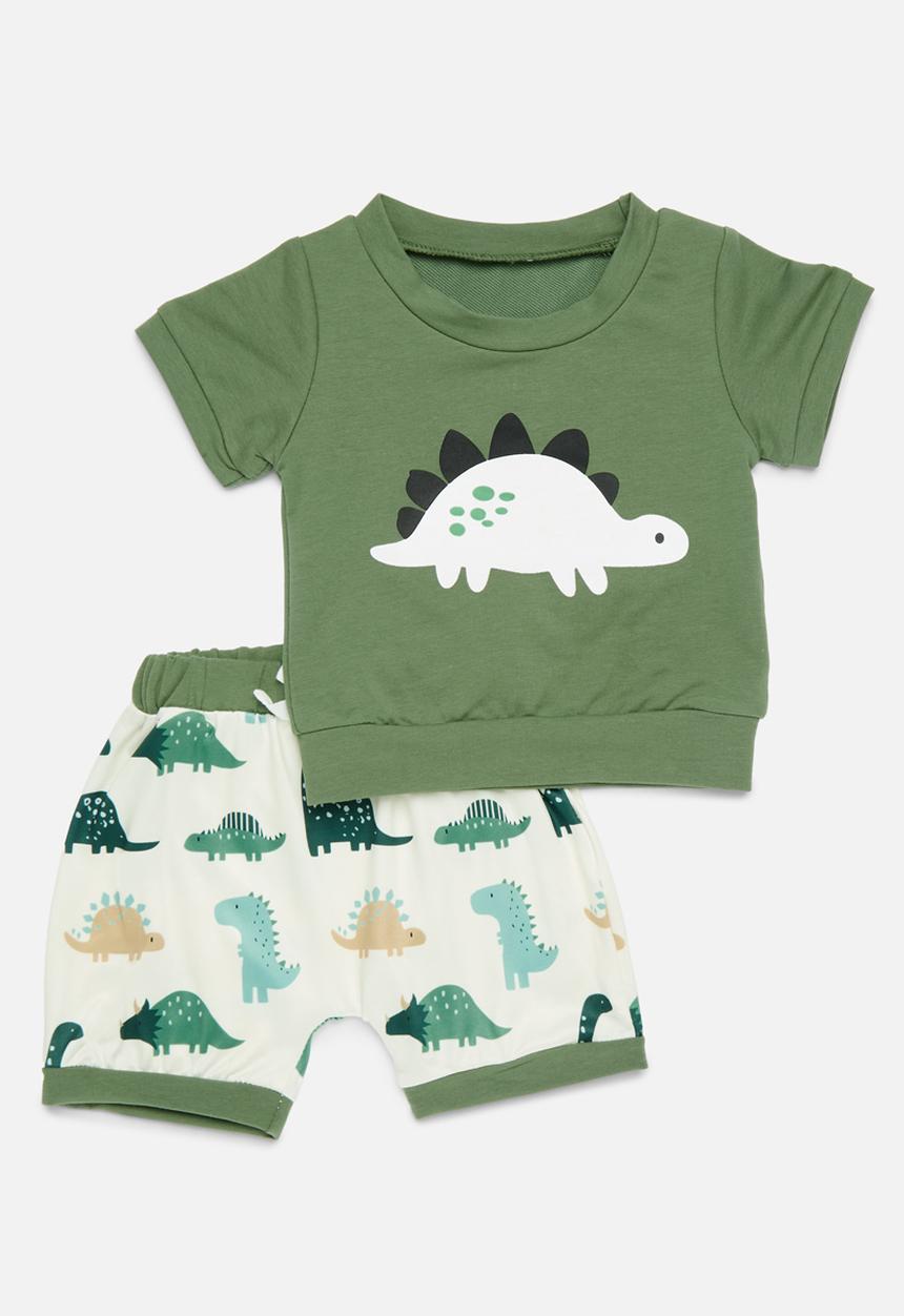 Pop Candy - Printed tee & shorts set-green & white