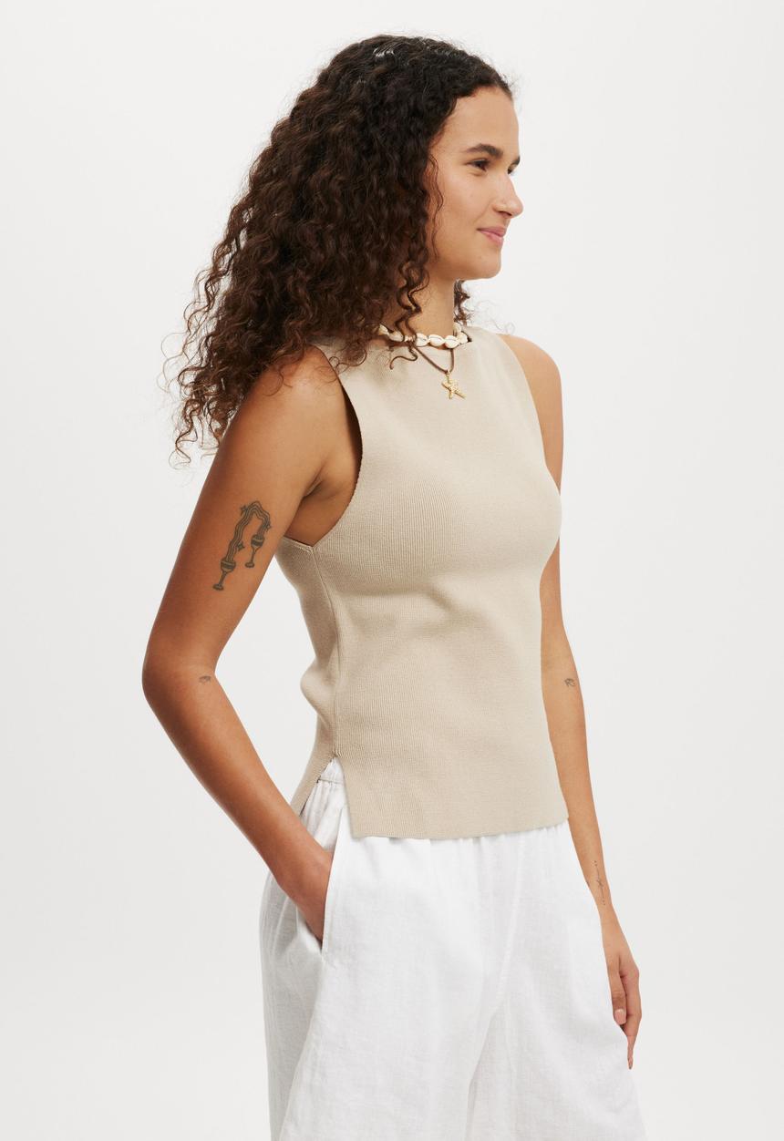 Cotton On - Double Knit Boat Neck Tank-Mid Taupe