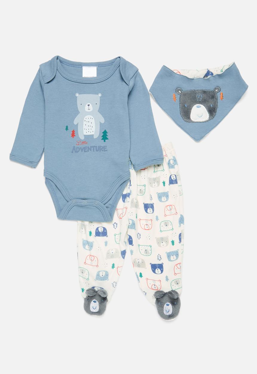 Pop Candy - 3 Piece printed bodyvest legging & bib set - blue & ecru