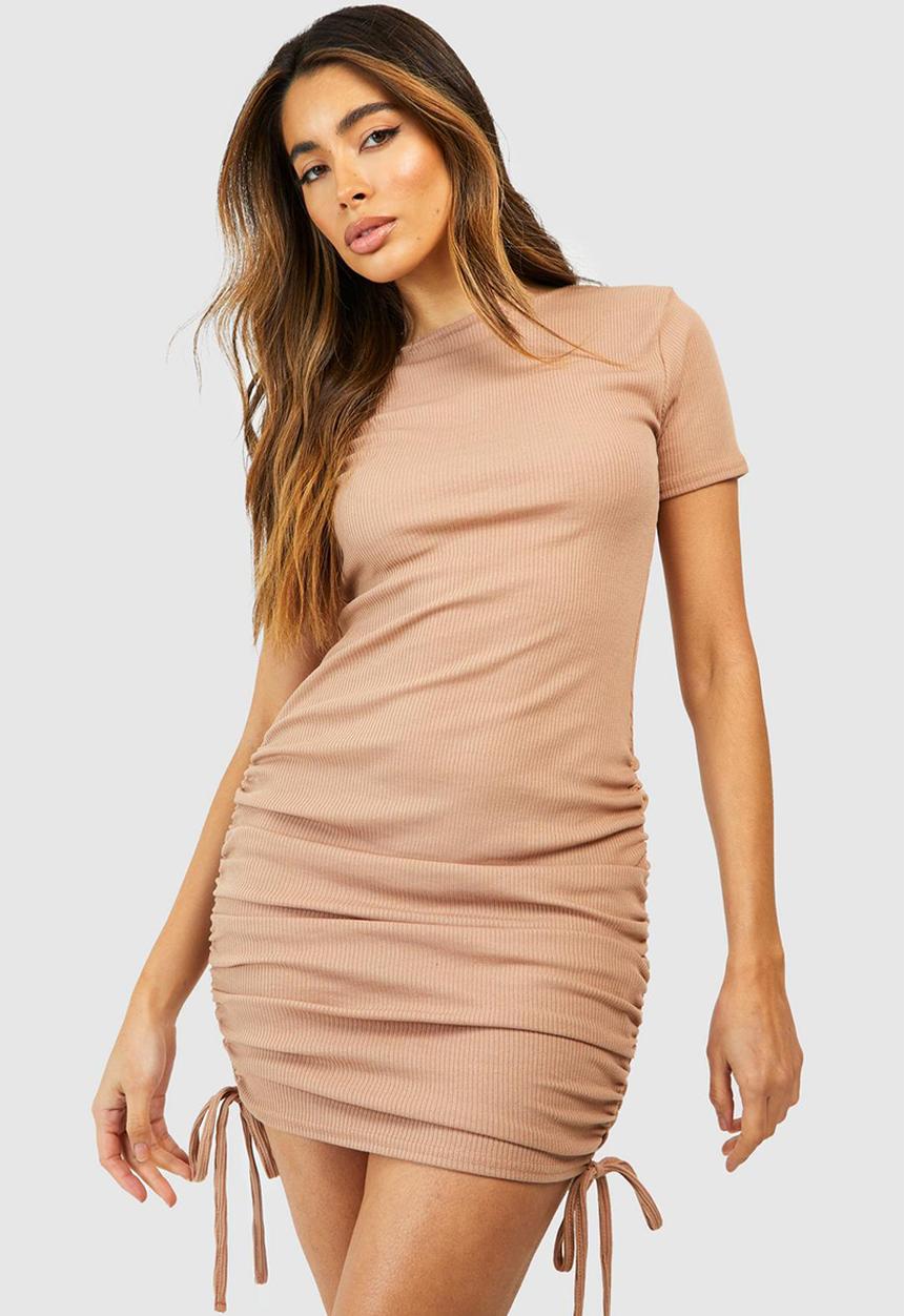 boohoo - Rouched detail ribbed mini bodycon dress - stone