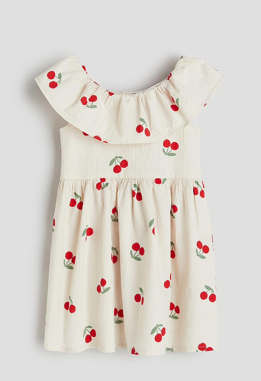 H&M - Patterned flounce-trimmed dress - cream cherries