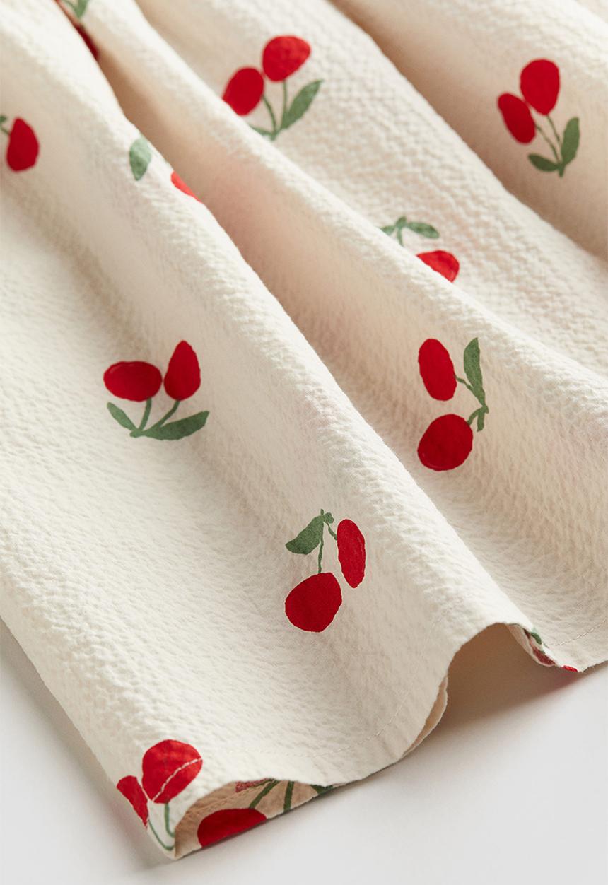 H&M - Patterned flounce-trimmed dress - cream cherries