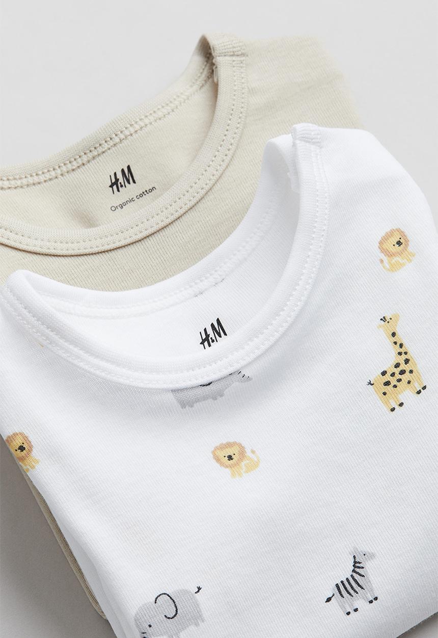 H&M - 2-Pack short-sleeved bodysuits - Light beige Safari animals