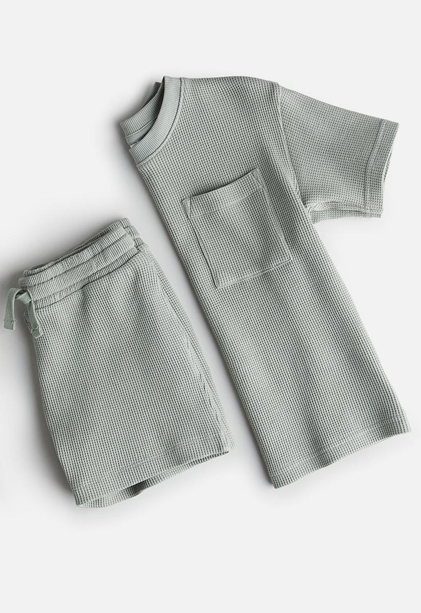 H&M - 2-Piece waffled jersey set - Light khaki green