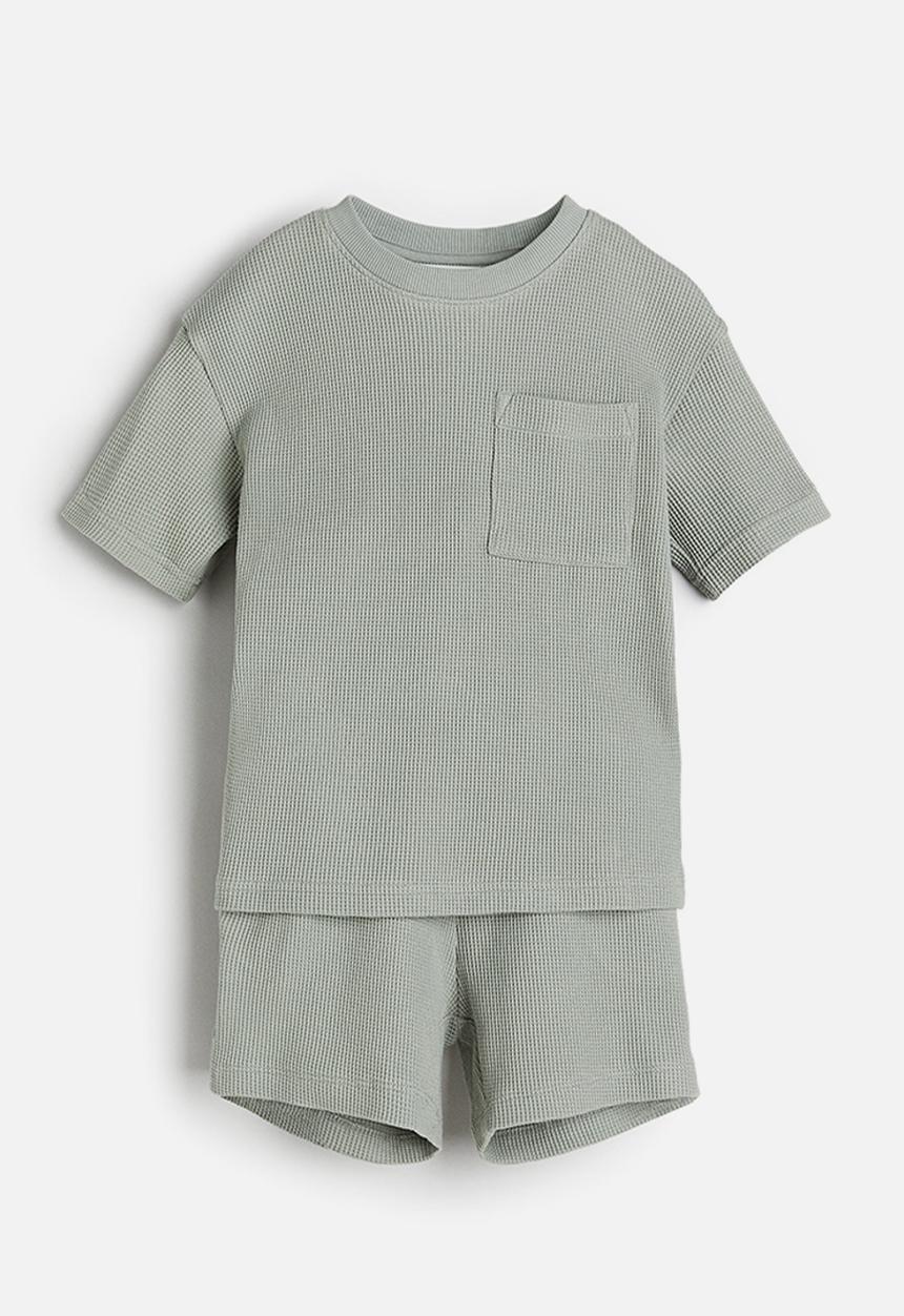 H&M - 2-Piece waffled jersey set - Light khaki green