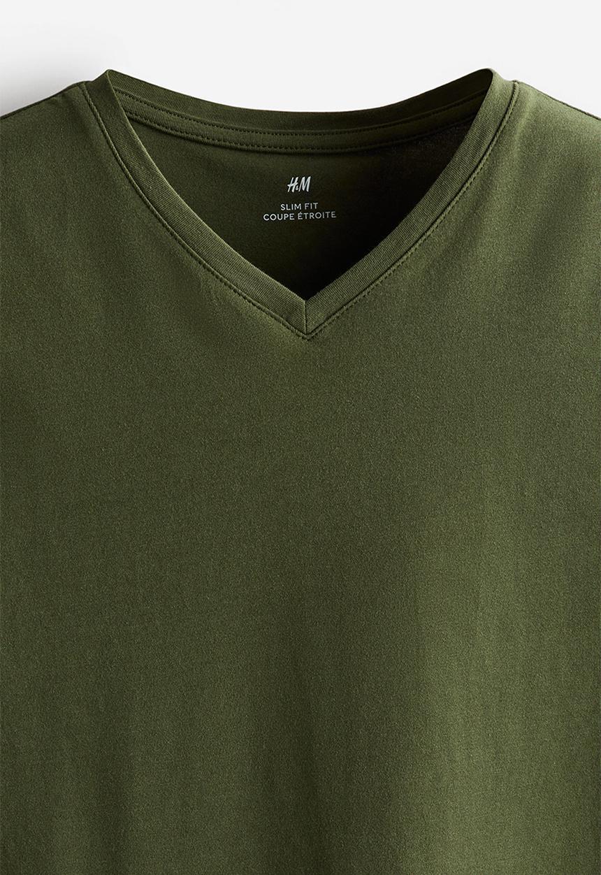 H&M - Slim fit v-neck T-shirt - dark khaki green