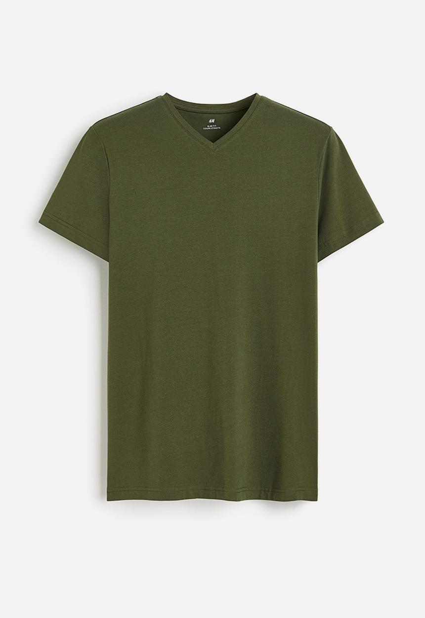 H&M - Slim fit v-neck T-shirt - dark khaki green