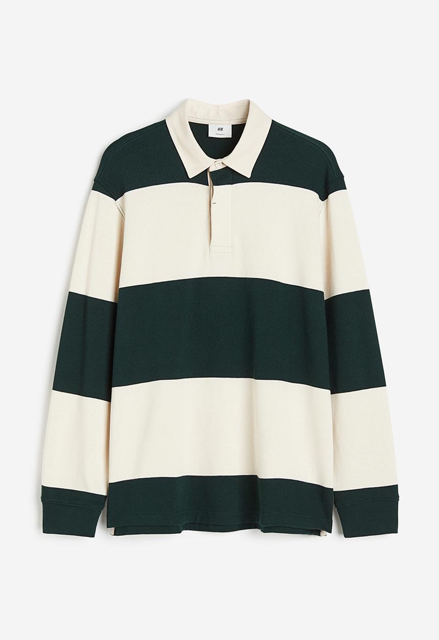 H&M - Regular fit cotton rugby shirt - cream dark green striped