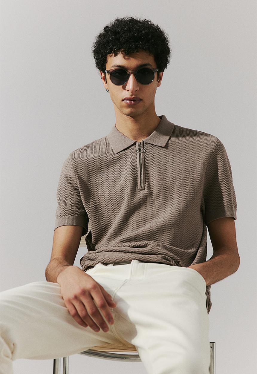 H&M - Slim fit textured-knit polo shirt - dark beige
