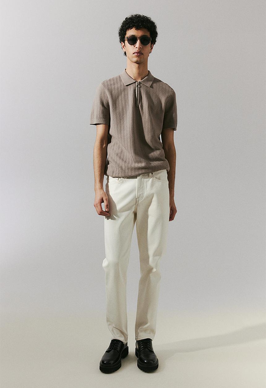 H&M - Slim fit textured-knit polo shirt - dark beige
