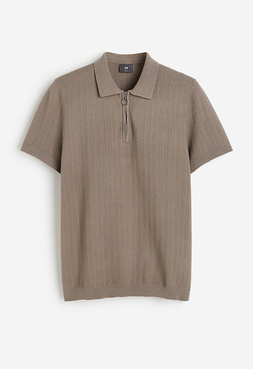 H&M - Slim fit textured-knit polo shirt - dark beige