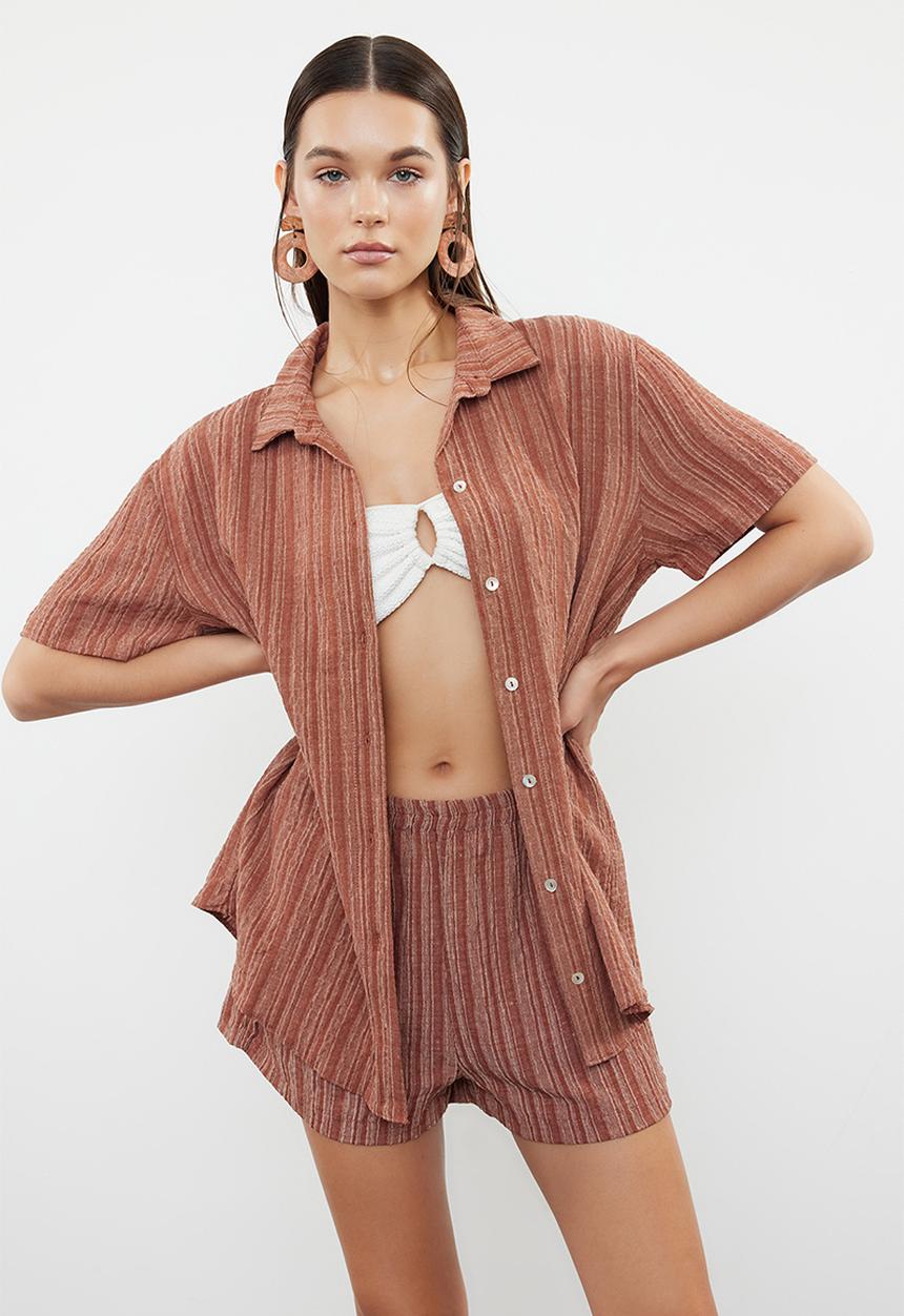 Trendyol - Two piece oversize shirt & short set - brown 