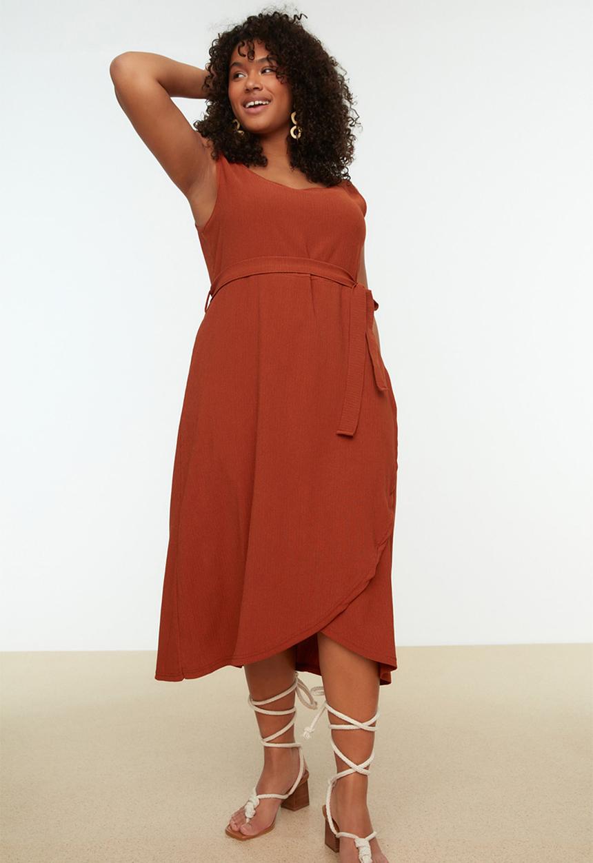 Trendyol - Belted Double Breasted Knitted Dress - Tile 