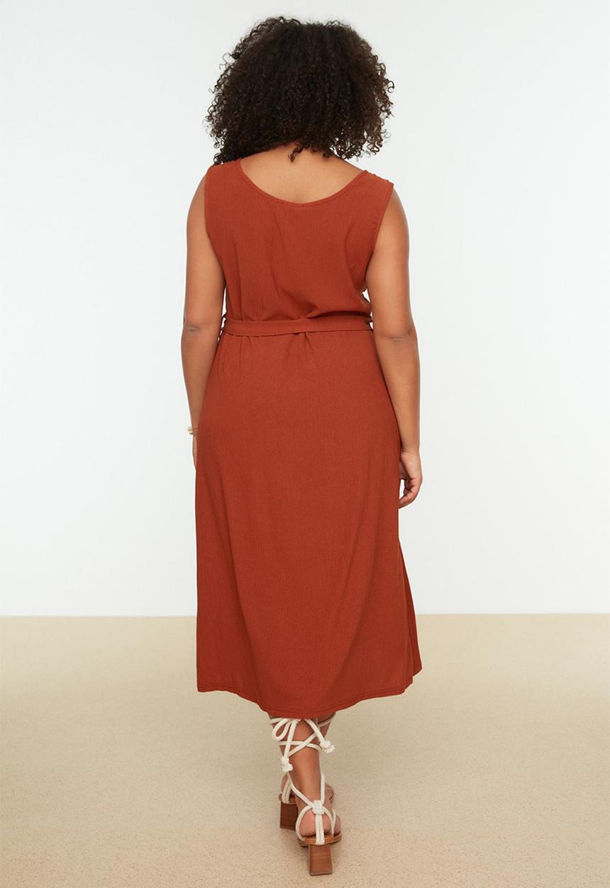 Trendyol - Belted Double Breasted Knitted Dress - Tile 