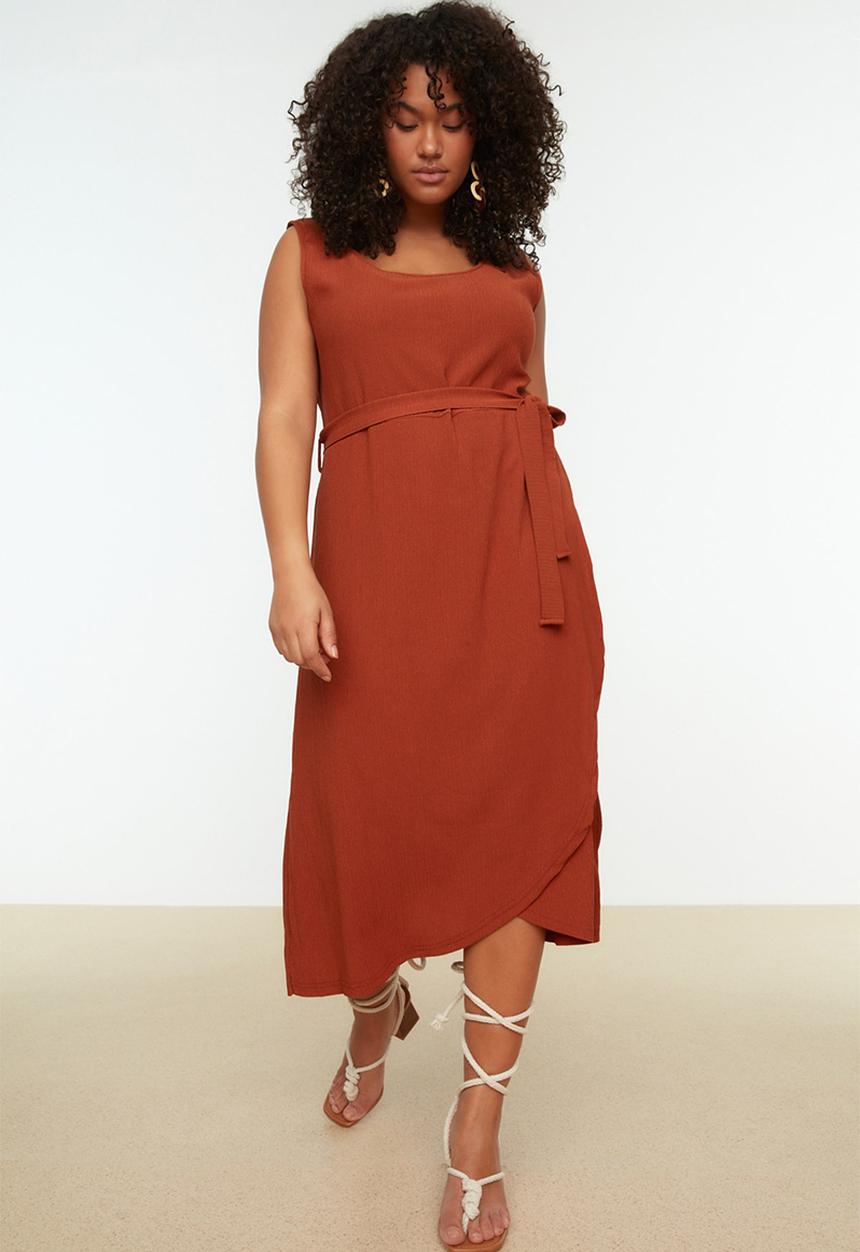 Trendyol - Belted Double Breasted Knitted Dress - Tile 