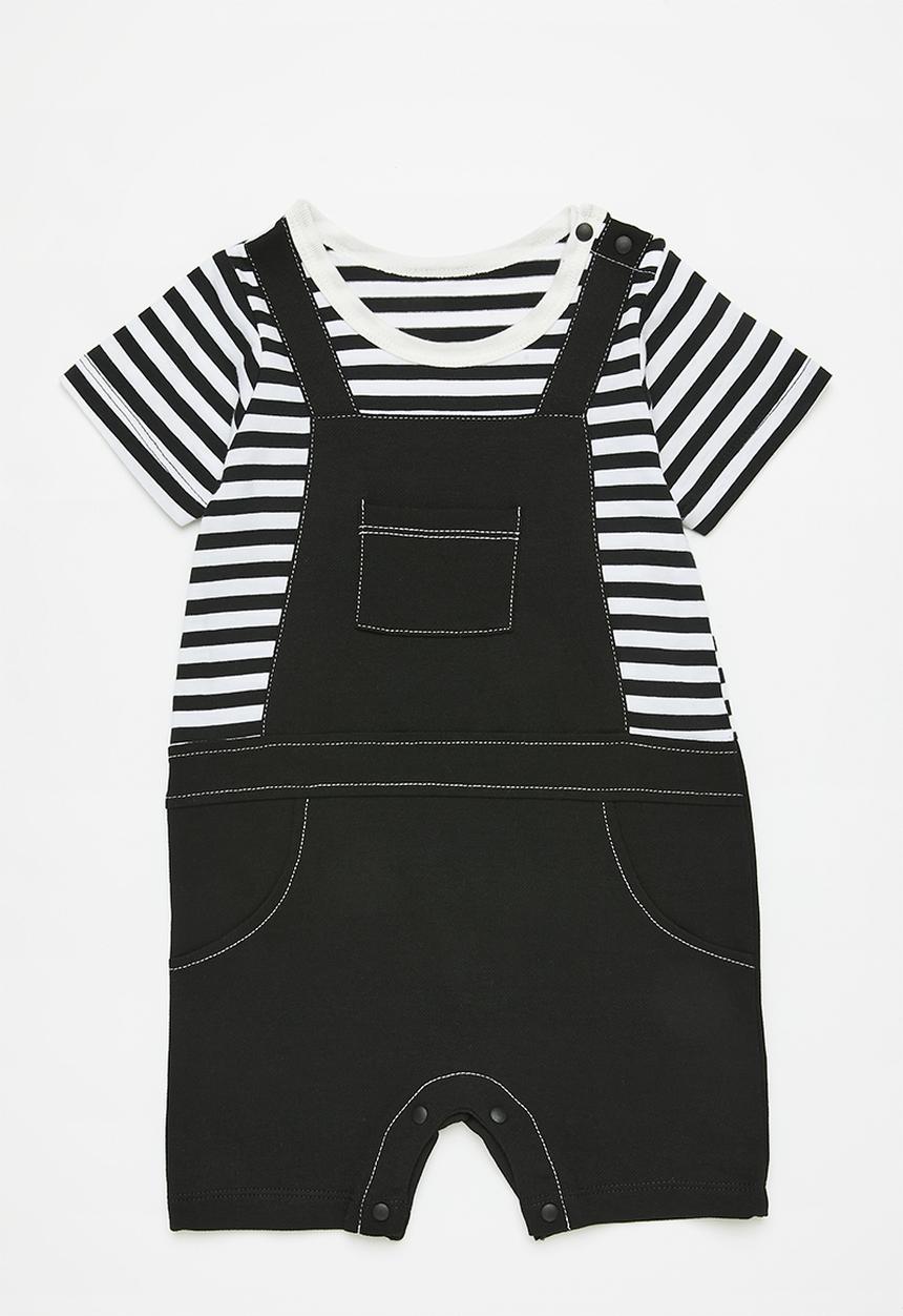 Pop Candy - Striped dungaree romper-black and white