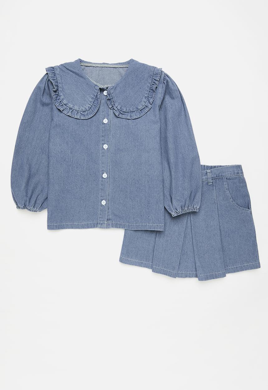 Pop Candy - Perter pan collar shirt and short set - blue