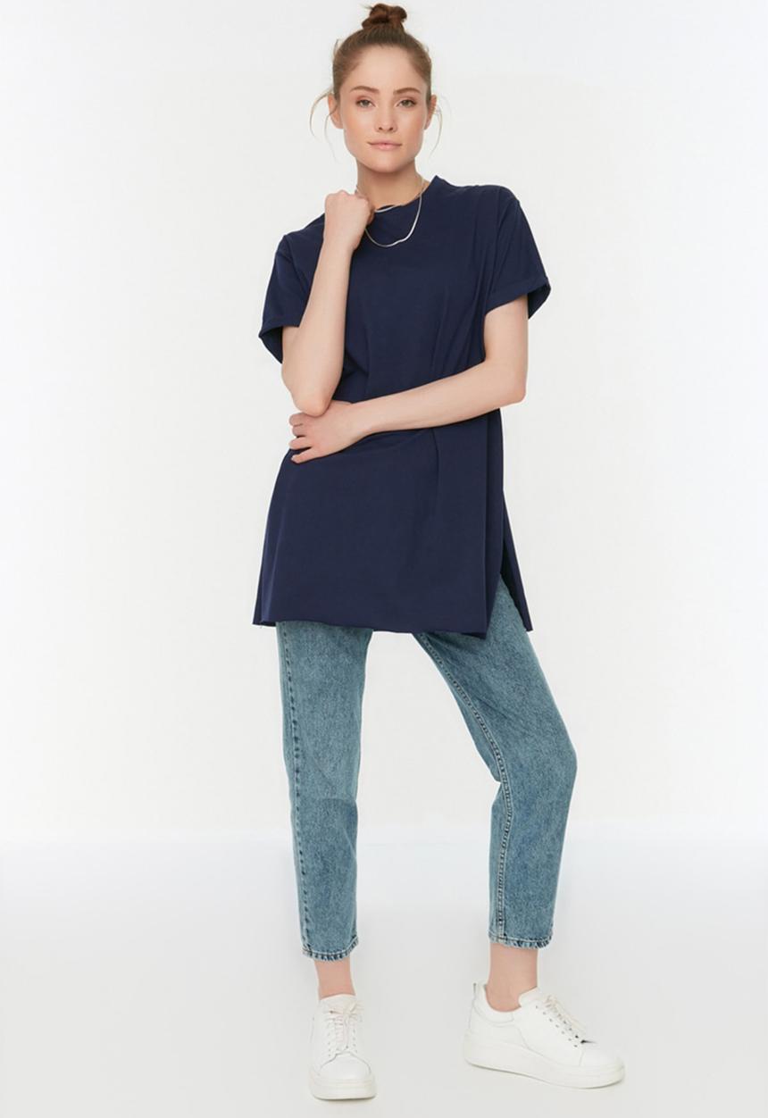 Trendyol - 2-Pack Slit Detailed Crew Neck Basic Knitted T-Shirt - Navy Blue-White