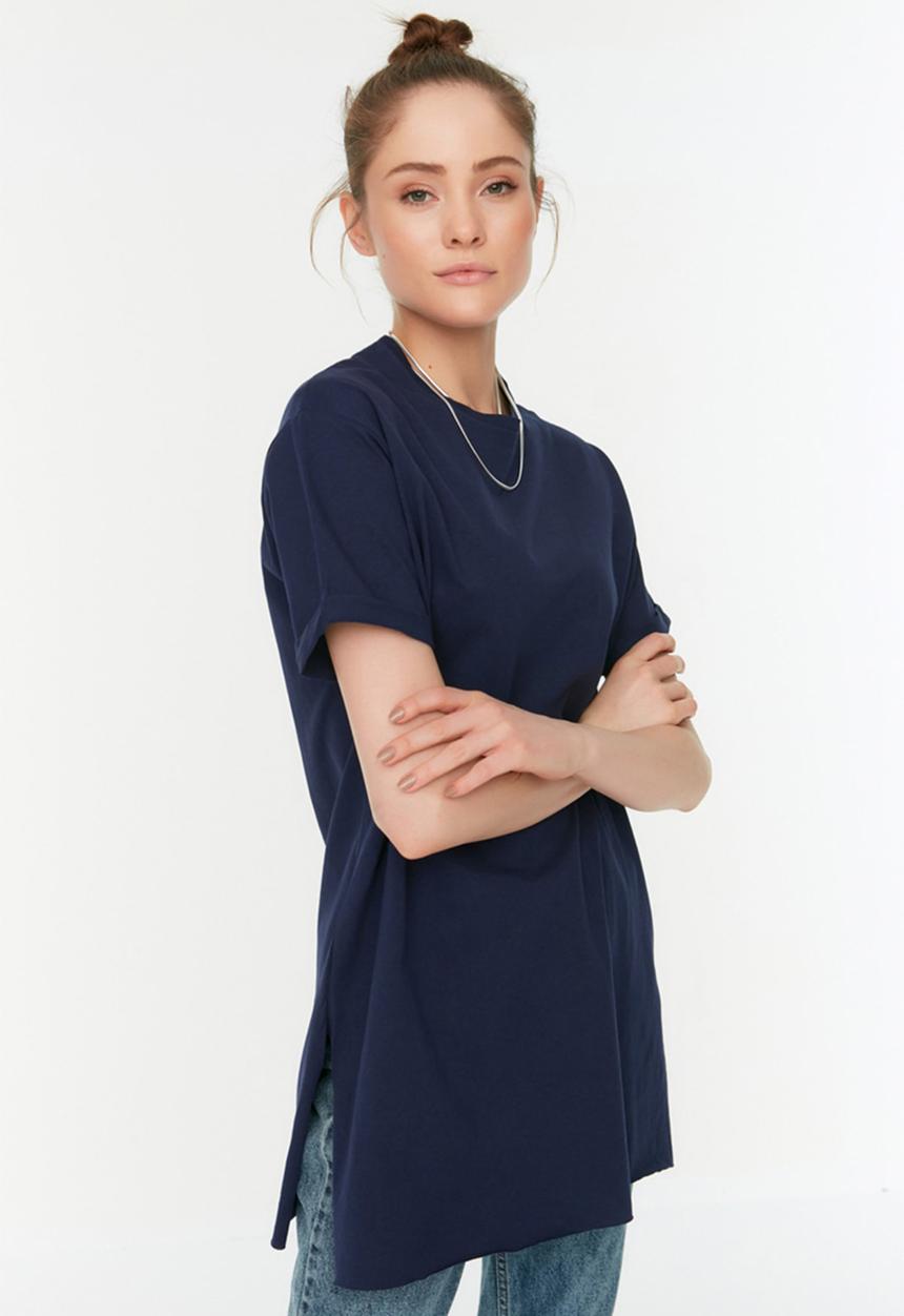 Trendyol - 2-Pack Slit Detailed Crew Neck Basic Knitted T-Shirt - Navy Blue-White