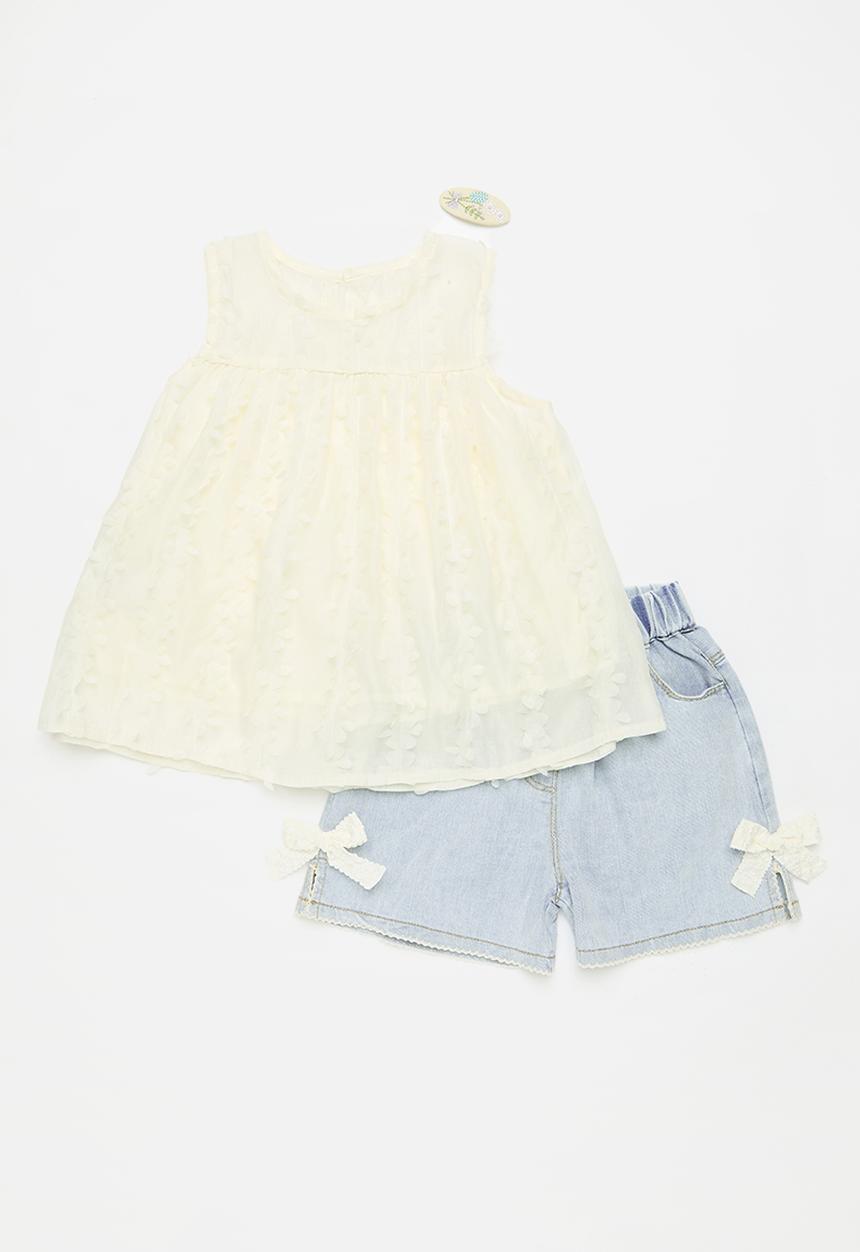 Pop Candy - Top & denim short set - blue & cream