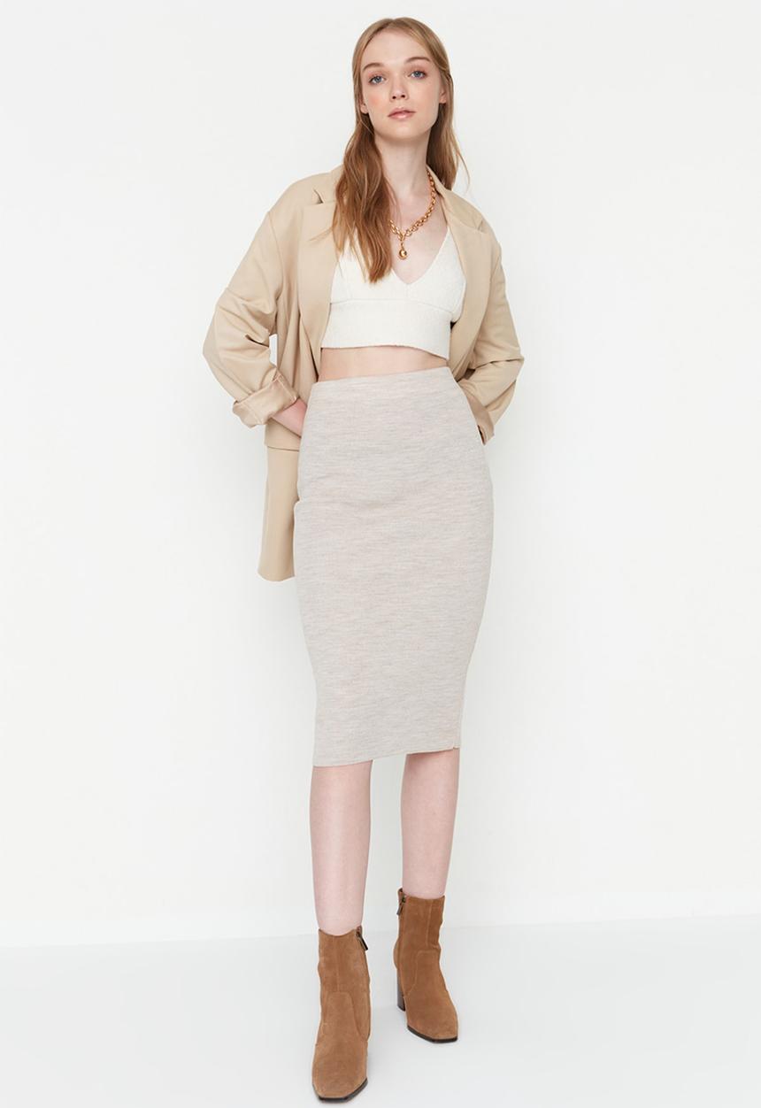 Trendyol - Midi Pencil Knitwear Skirt - Beige