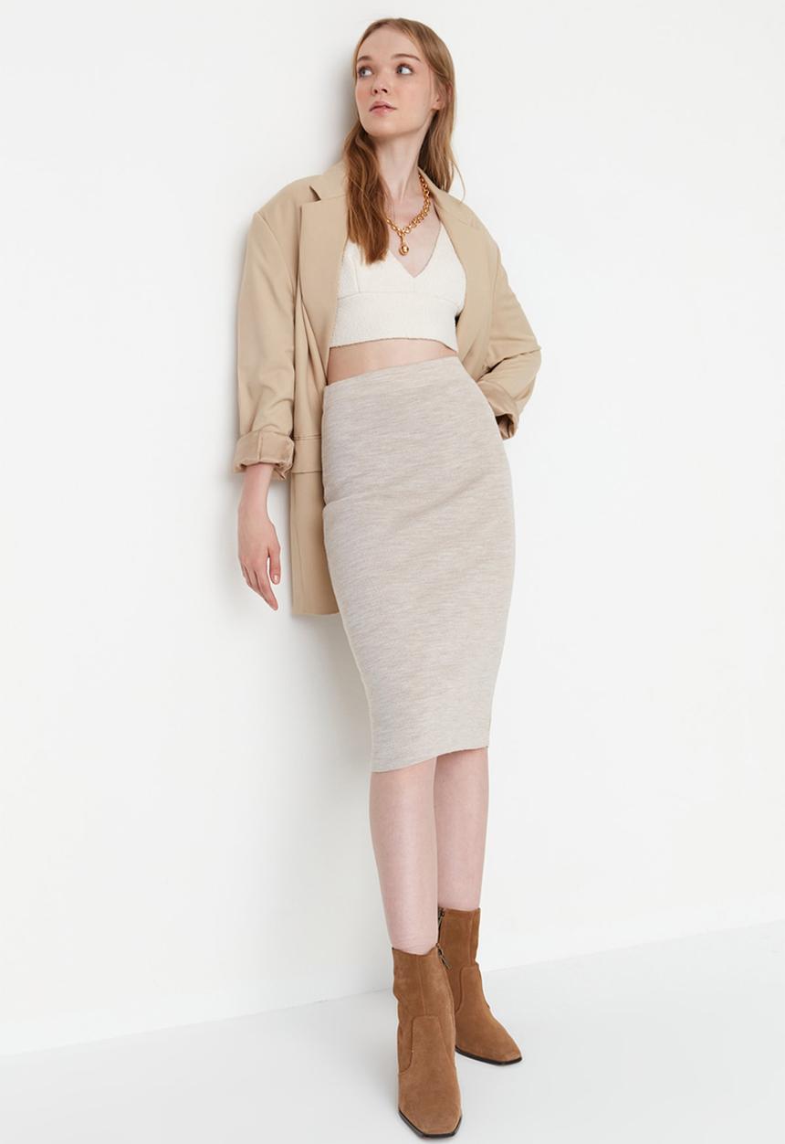 Trendyol - Midi Pencil Knitwear Skirt - Beige
