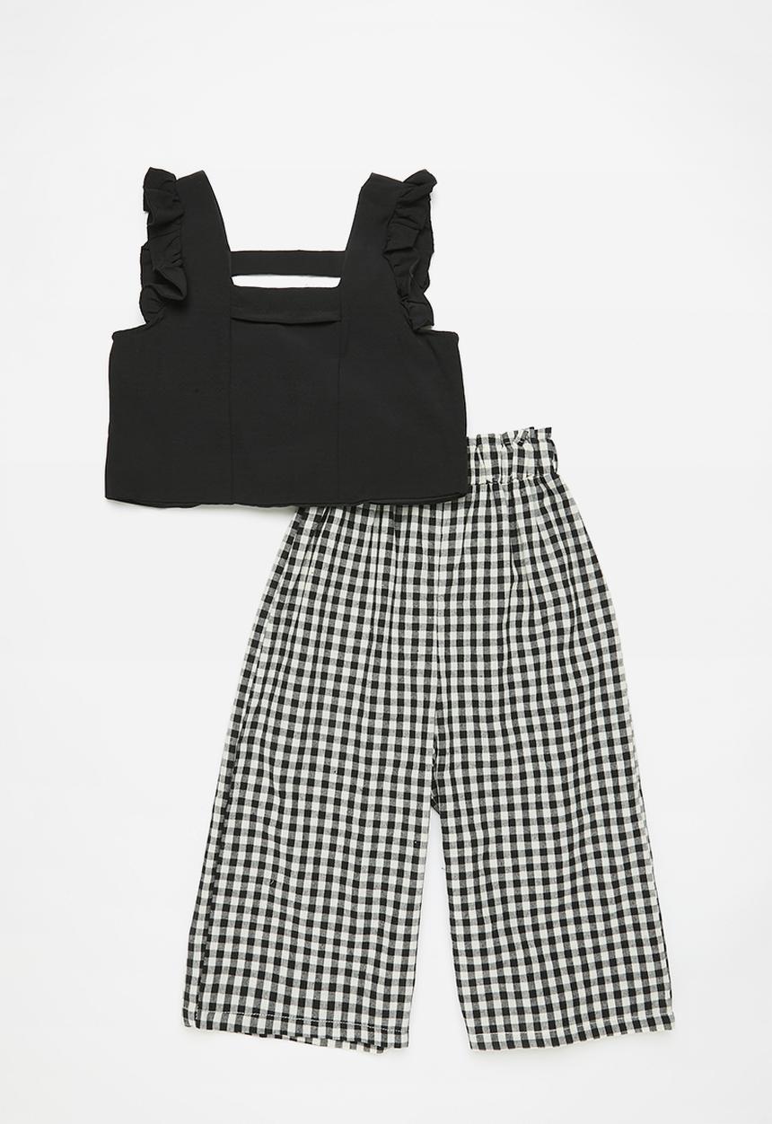 Pop Candy - Frilled top and gingham pants set - black & white