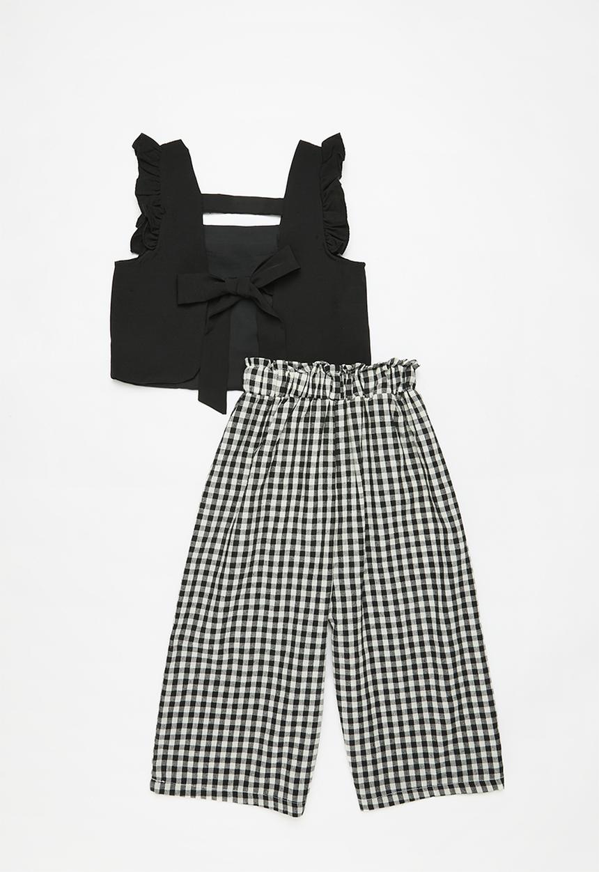 Pop Candy - Frilled top and gingham pants set - black & white