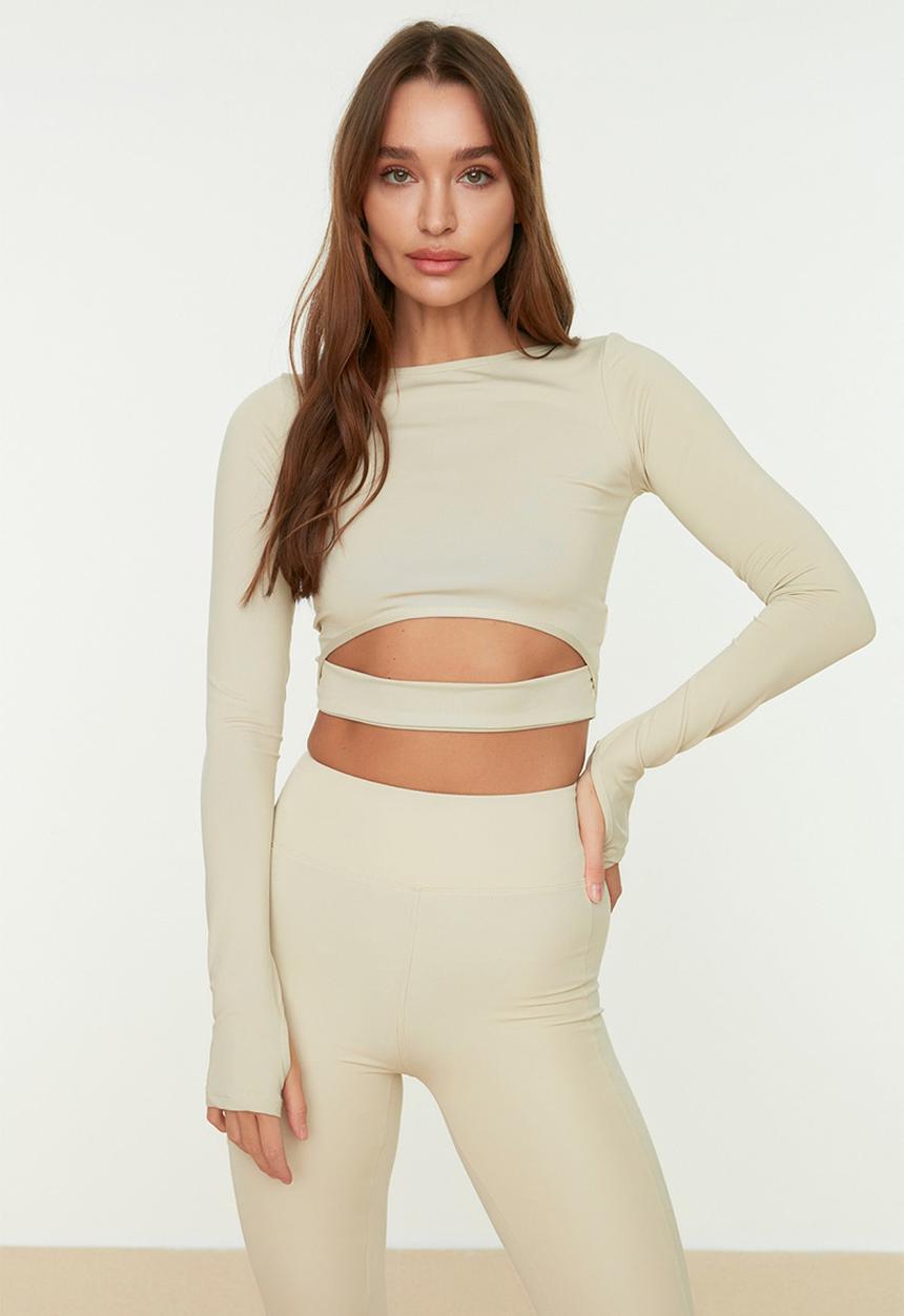 トップス Low classic HOLE POINT PRINT TOP Crop Window/Cut Out and Thumb Hole Detail Knitted Sports Top - Stone