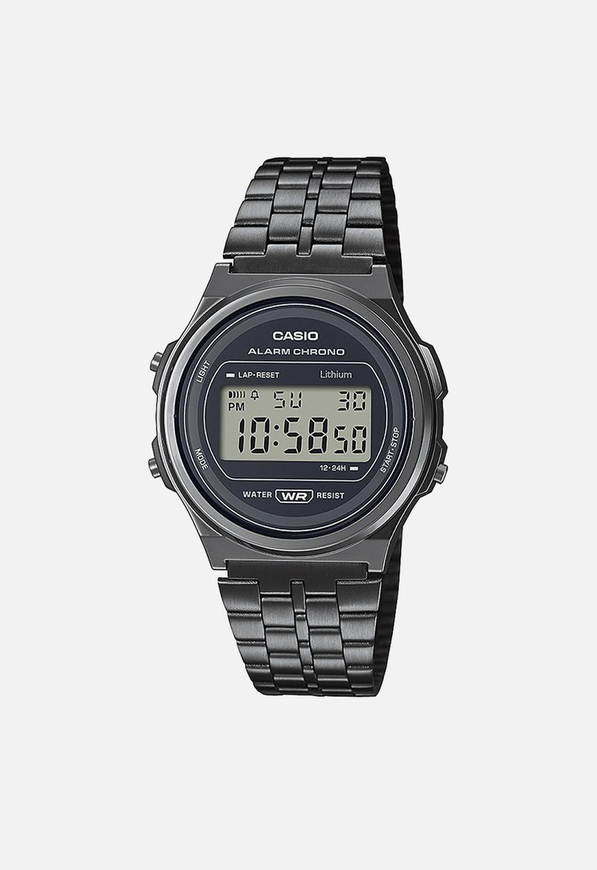 Casio - Retro round  black digital watch - gunmetal