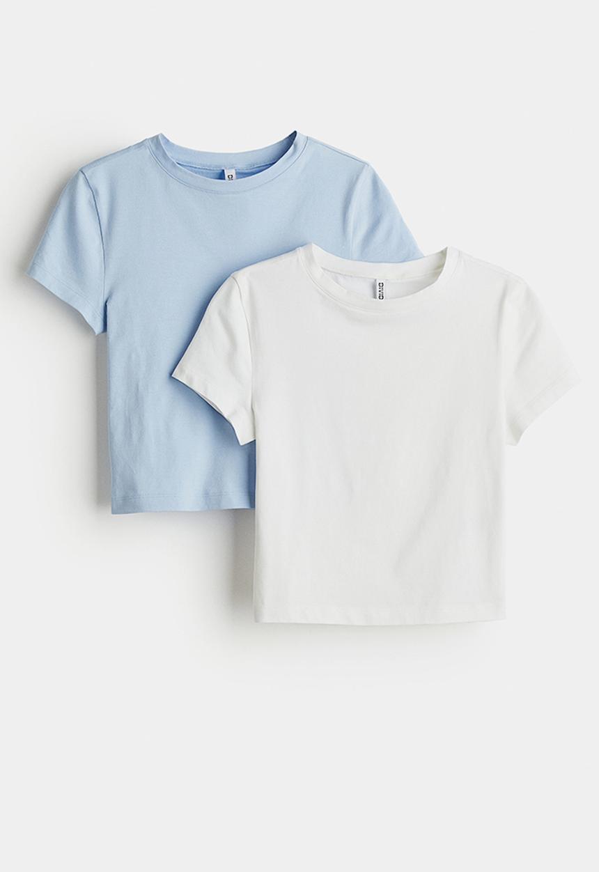 H&M - 2-Pack cropped T-shirts - light blue & white 