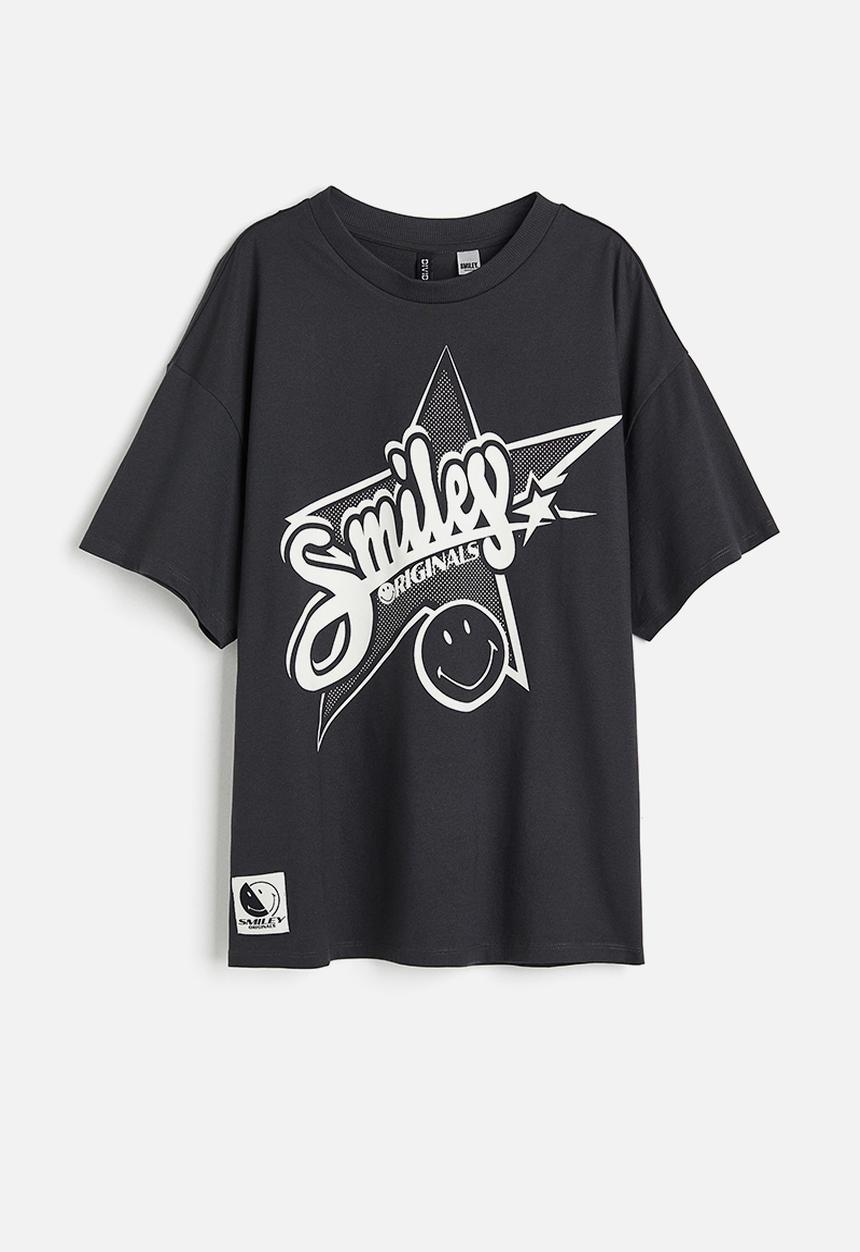 H&M - Oversized printed T-shirt - dark grey smiley®