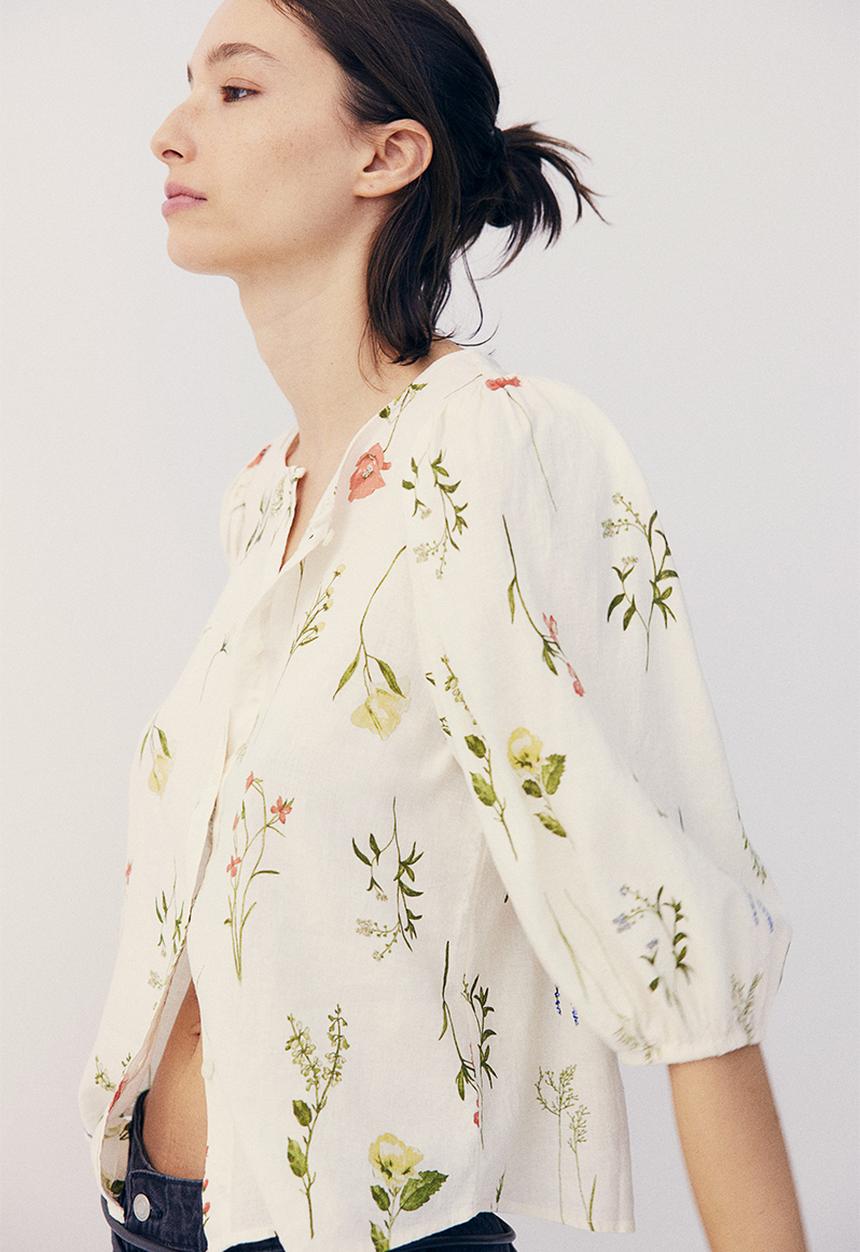H&M - Linen-blend blouse - cream floral 