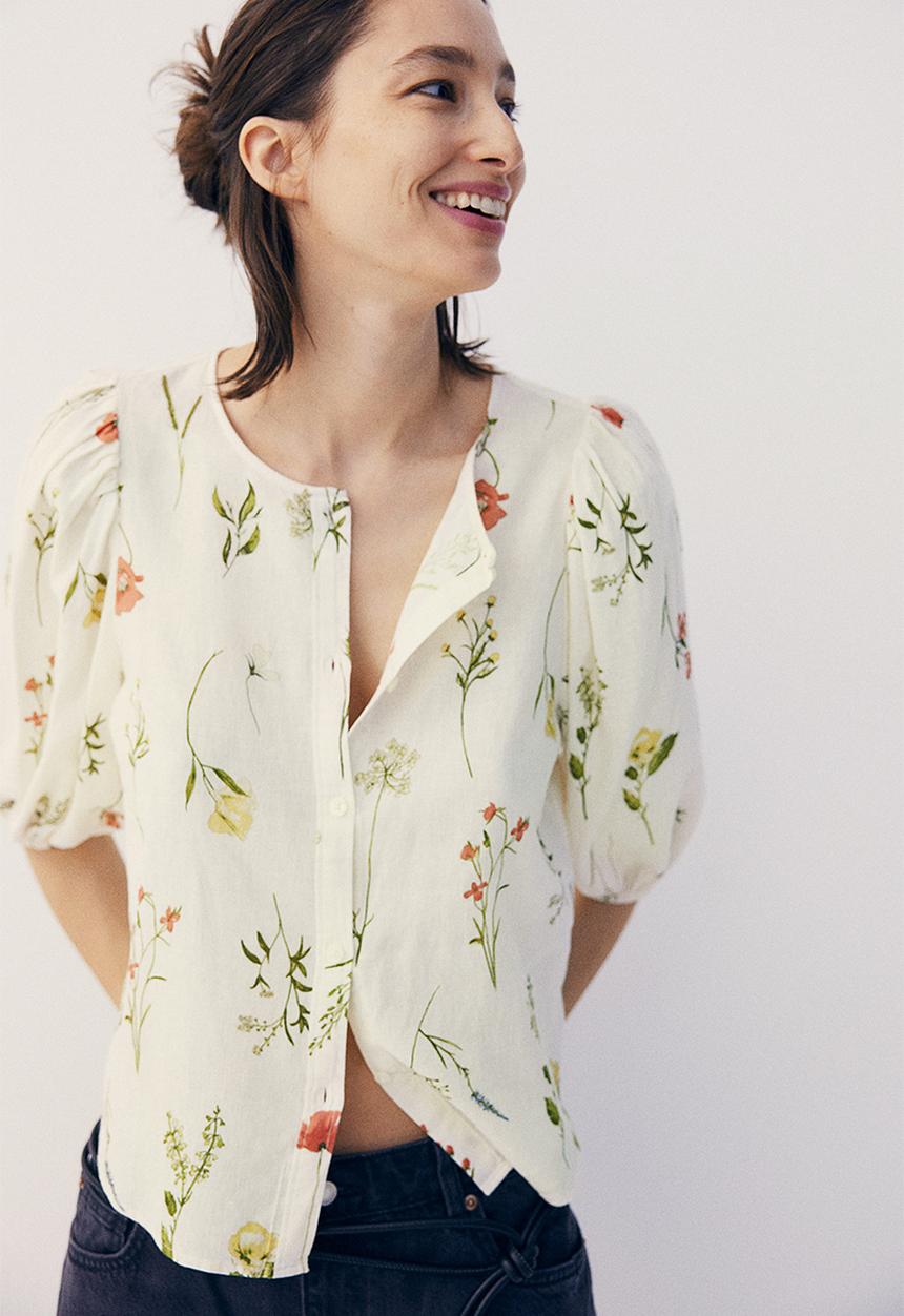 H&M - Linen-blend blouse - cream floral 