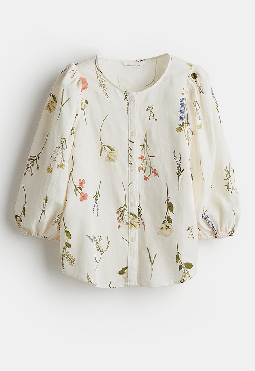 H&M - Linen-blend blouse - cream floral 