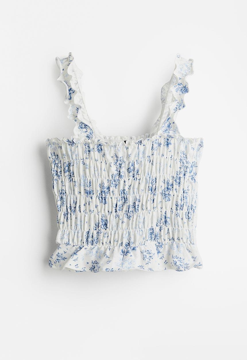 H&M - Cropped smocked top - cream floral