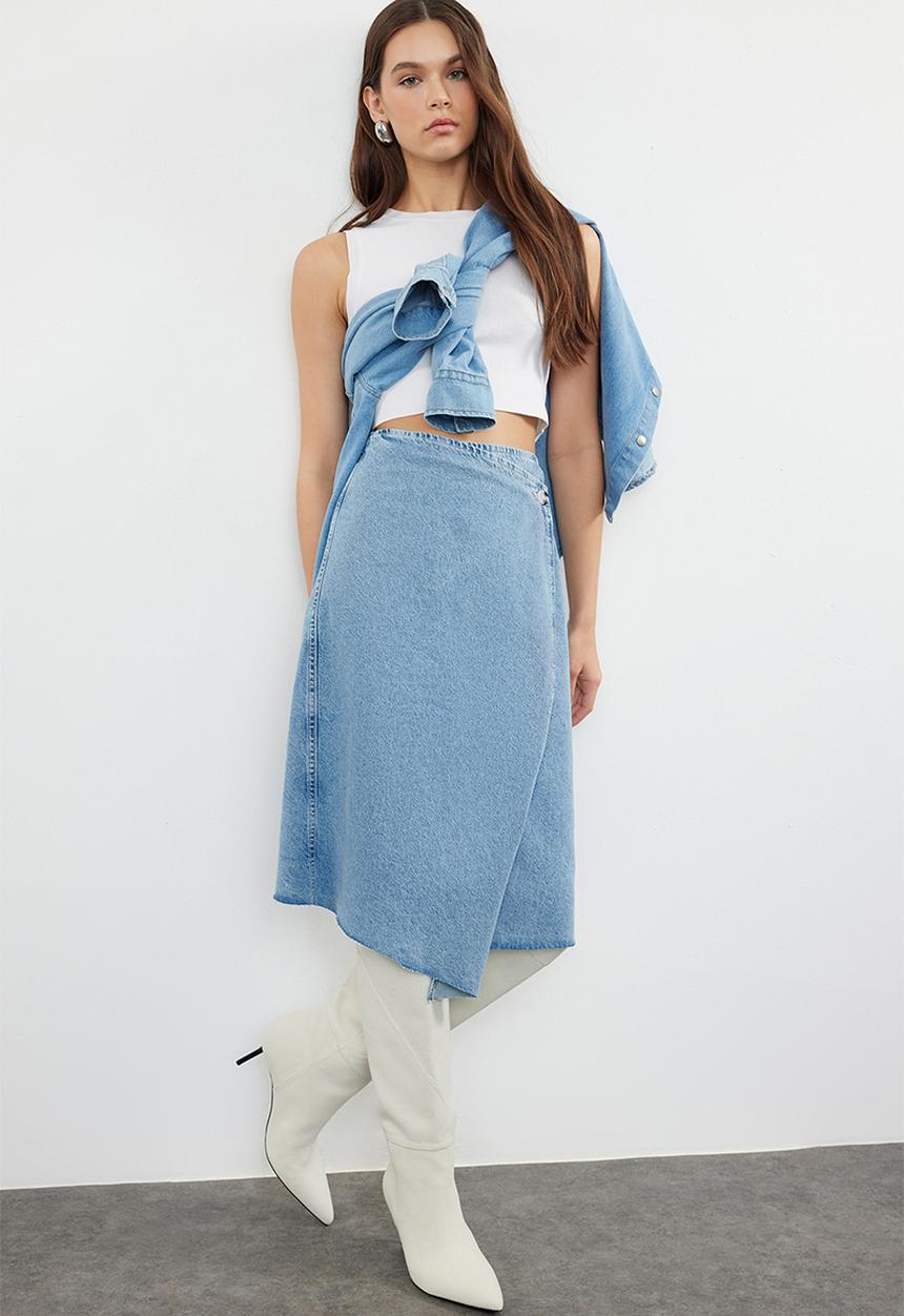 Trendyol - Tasseled midi denim skirt - blue 
