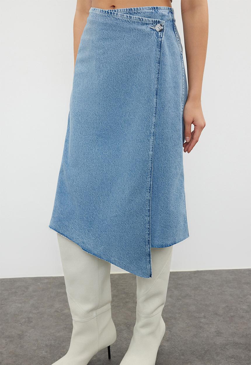 Trendyol - Tasseled midi denim skirt - blue 
