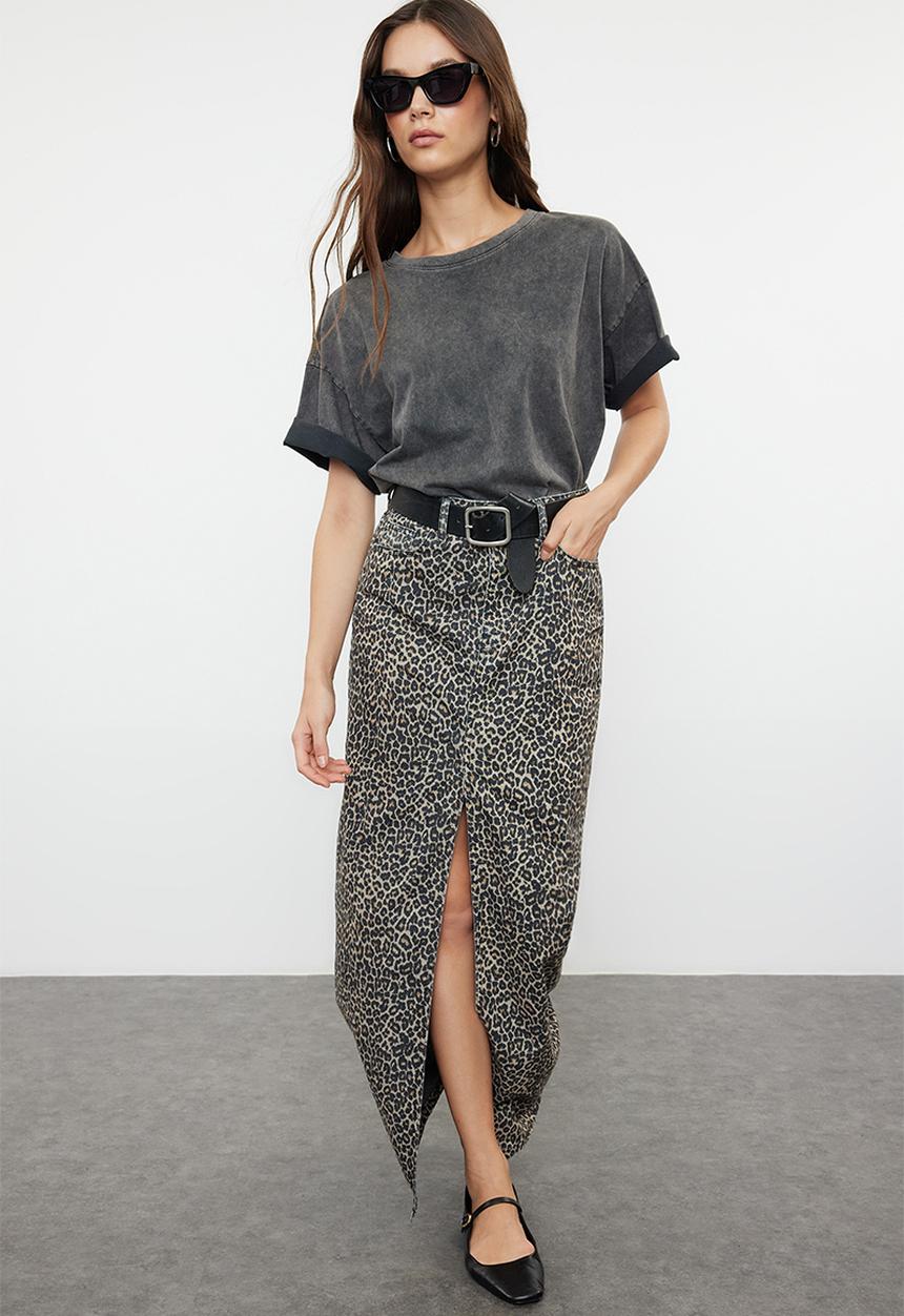 Trendyol - Patterned maxi denim skirt - leopard 