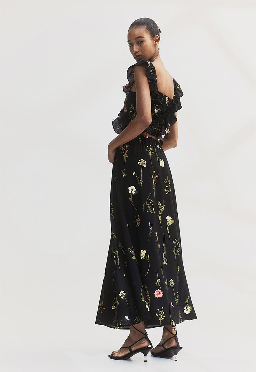 H&M - Linen-blend maxi skirt - black floral 