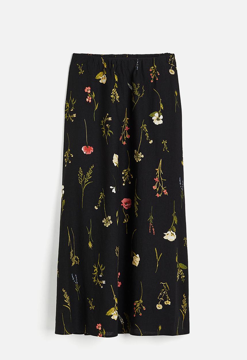 H&M - Linen-blend maxi skirt - black floral 