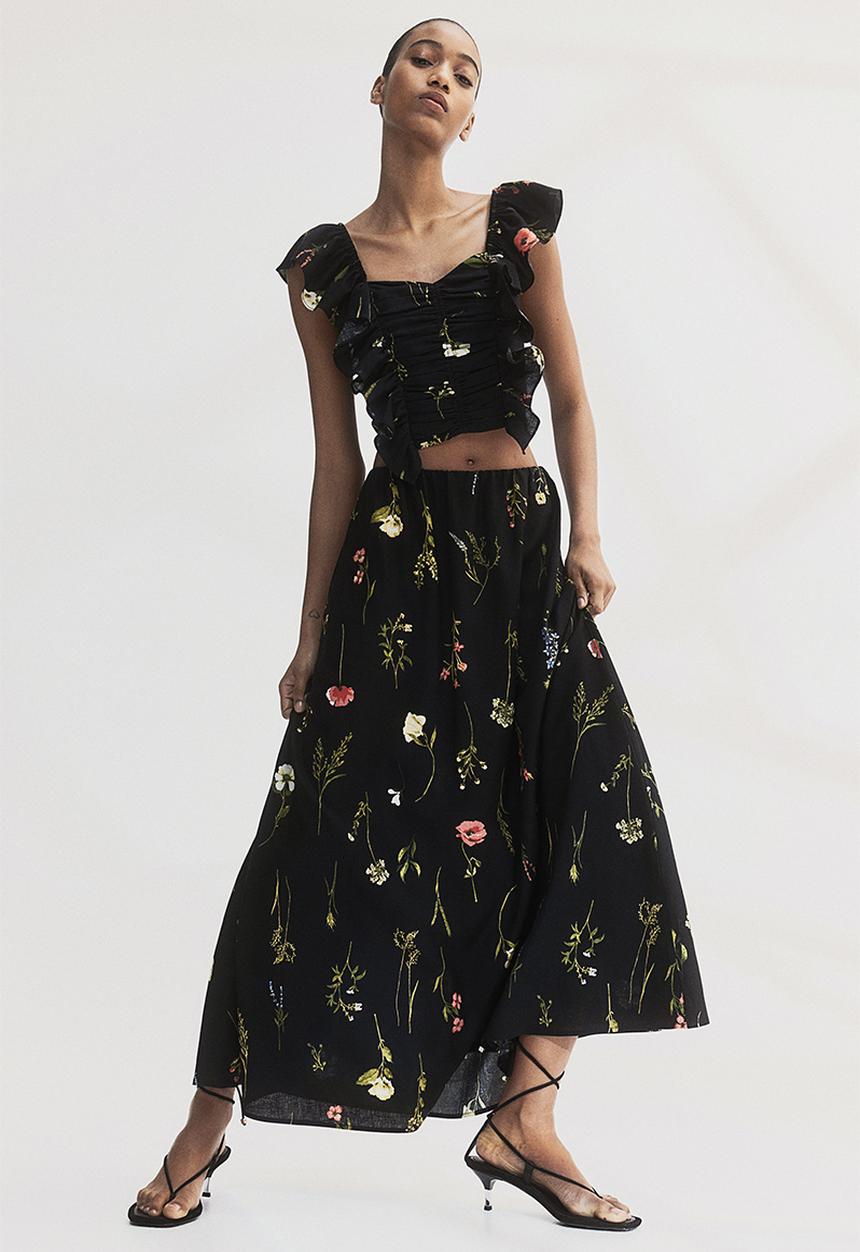 H&M - Linen-blend maxi skirt - black floral 