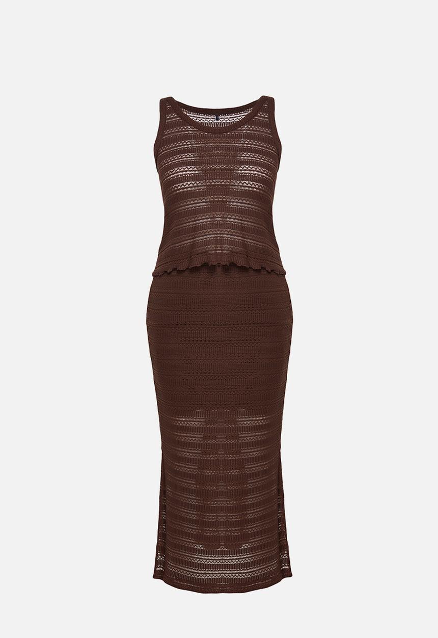 Trendyol - Cotton openwork/perforated skirted knitwear bottom-top set - brown
