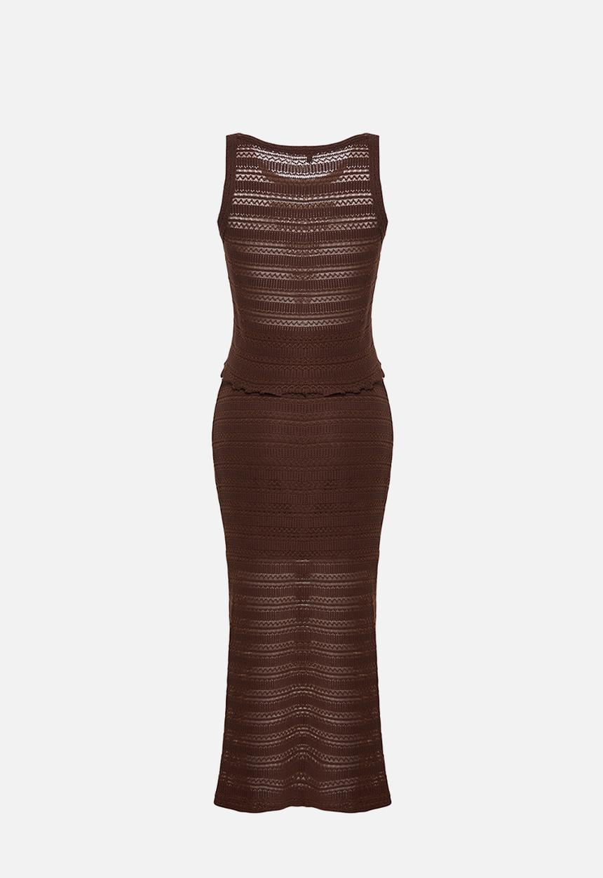 Trendyol - Cotton openwork/perforated skirted knitwear bottom-top set - brown